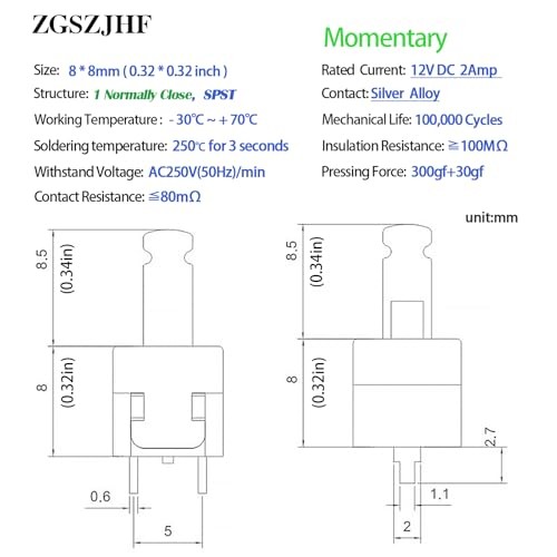 2Amp Mini Momentary Push Button Switch 1 Normally Closed 1NC Brake Switch 8 *