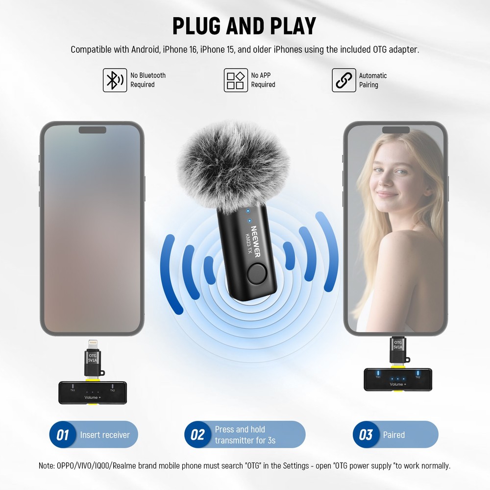NEEWER KM23D Wireless Lav Mic for iPhone/Android/PC, 40m Range, 1RX+2TX