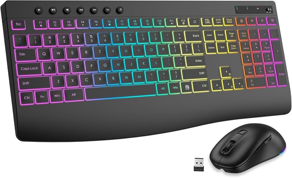 Wireless Keyboard and Mouse, 9 Backlit Effects with Wrist Rest, 6 Button Mouse