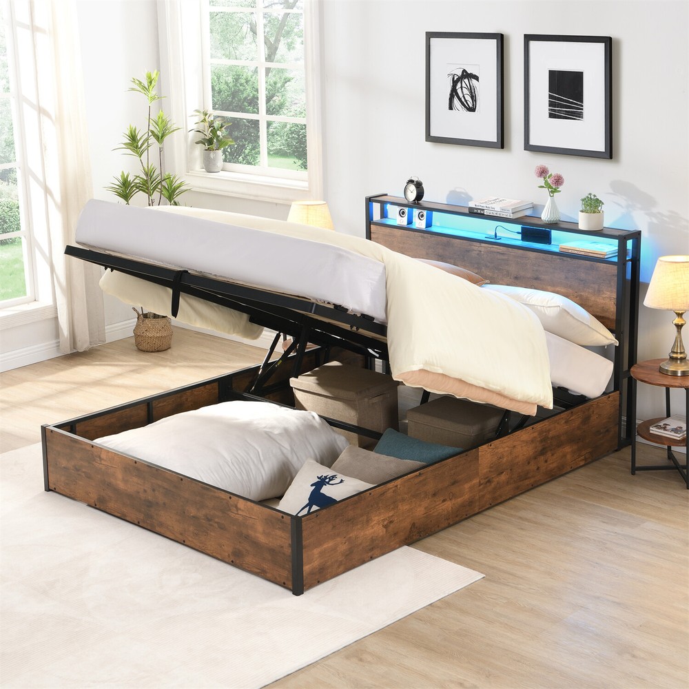 Full/Queen Size Bed Frame Wood Platform Bed Frame w/ Storage & LED Lights