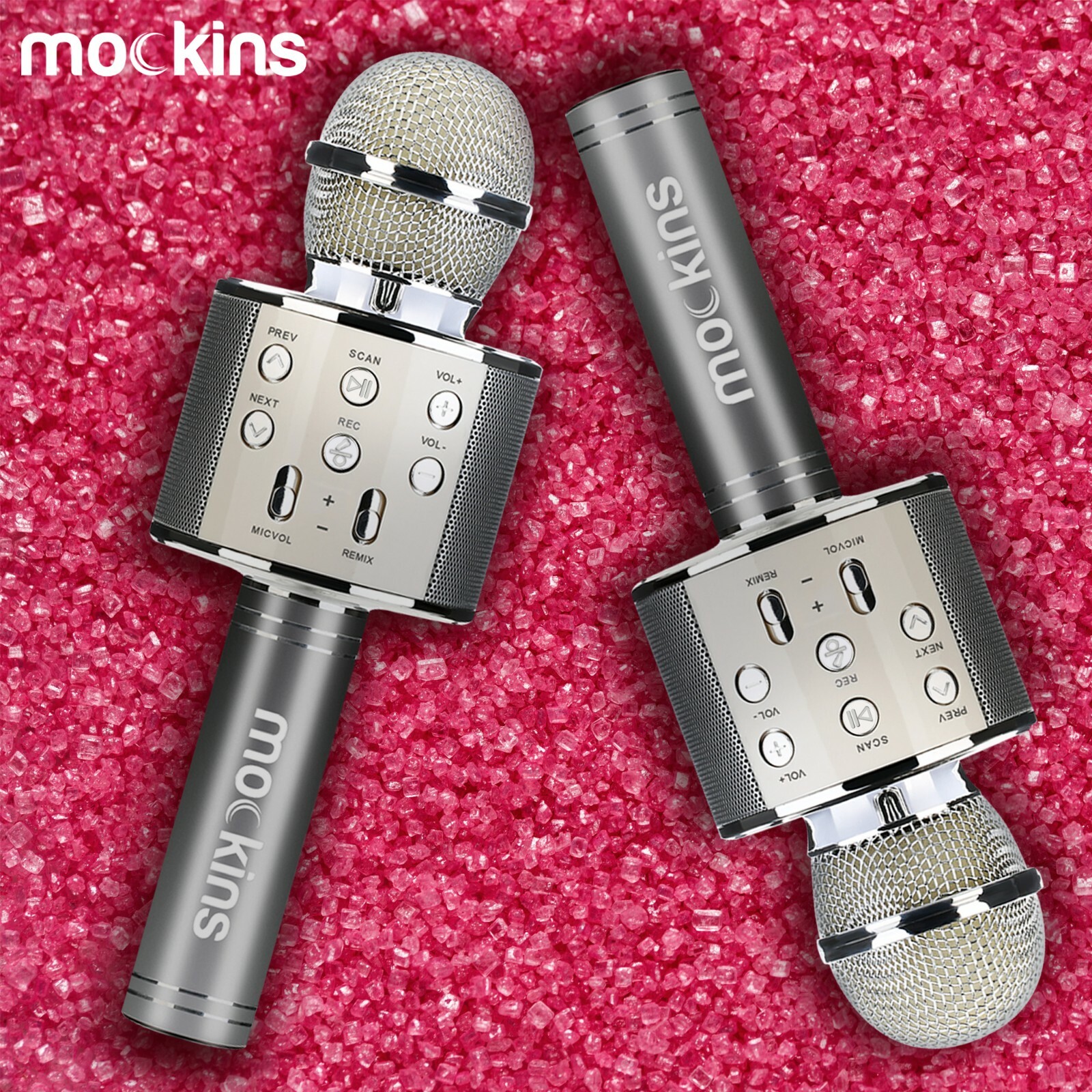 Mockins 2 Pack Silver Wireless Bluetooth KARAOKE MICROPHONE Holiday Gift, kids