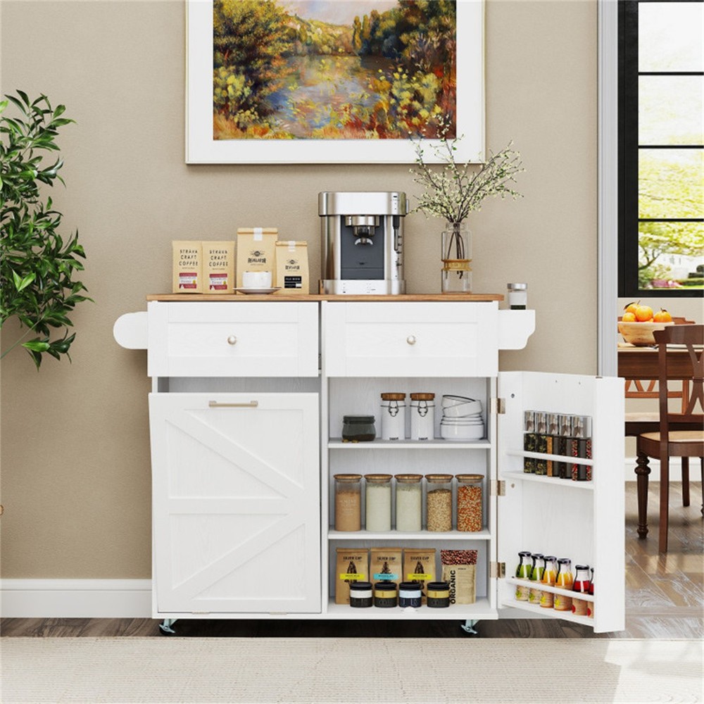 Mobile Kitchen Island Cart with Drop-Leaf Design Lockable Wheels Trash Storage​