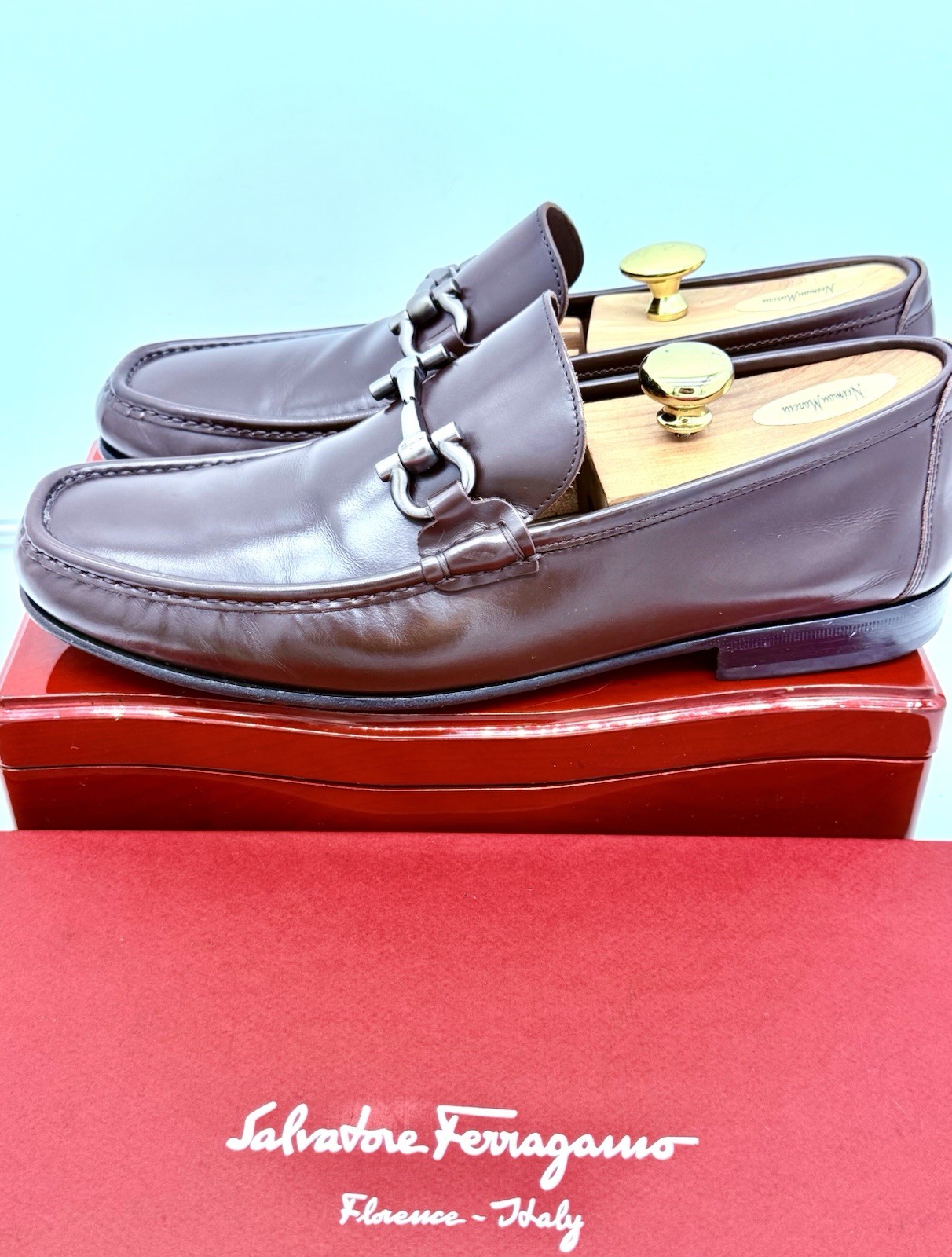 Ferragamo Mens Brown Loafers 9.5 Wide Gancini Horse Bit Leather Luxe Shoes