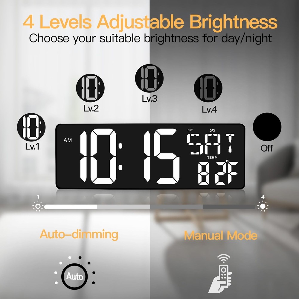 XREXS 17.2" Digital Wall Clock with Remote Control, Bluetooth Sync Time LED D...