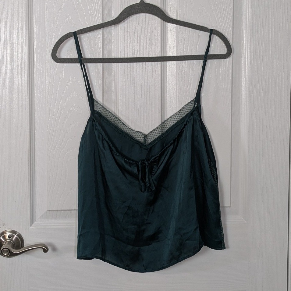 NWT Aerie Cami Top Lace Trim Satin Sleeveless Tank Top Green Size Small