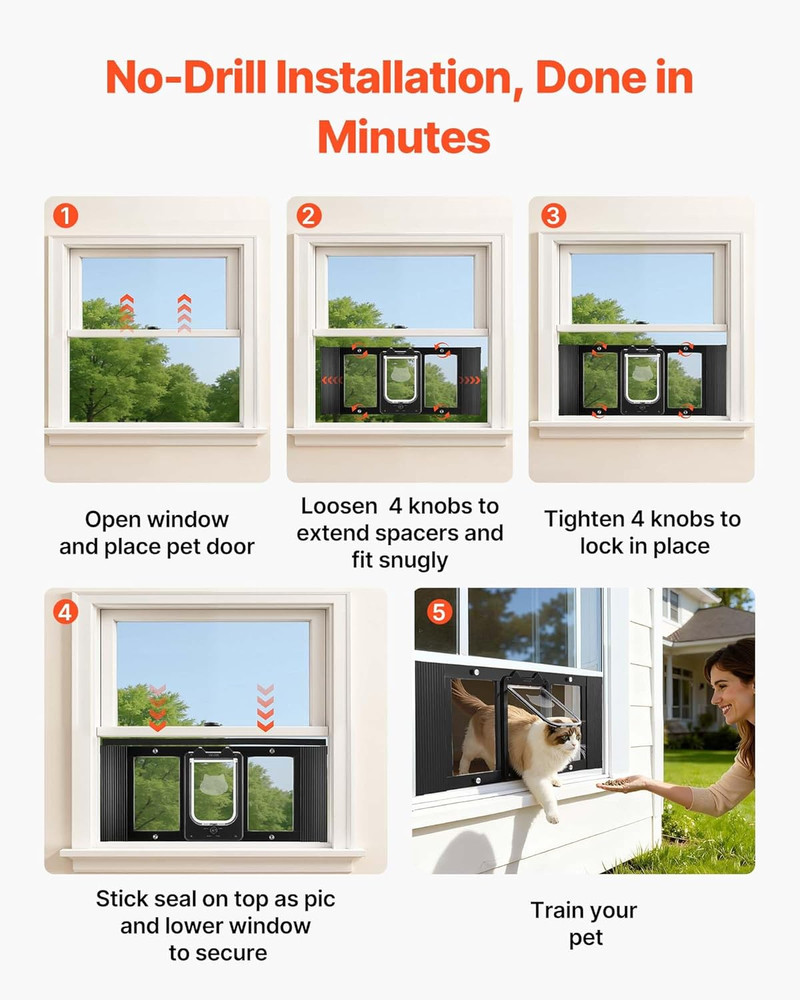 Cat Door for Window, Adjustable to Fit Window Width 31"-36", 4 Secure Lock Modes