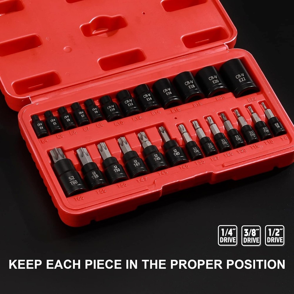 25PCS Torx Bit Socket Set-Torx and External Socket Set 1/4 3/8 and 1/2 Drive NEW