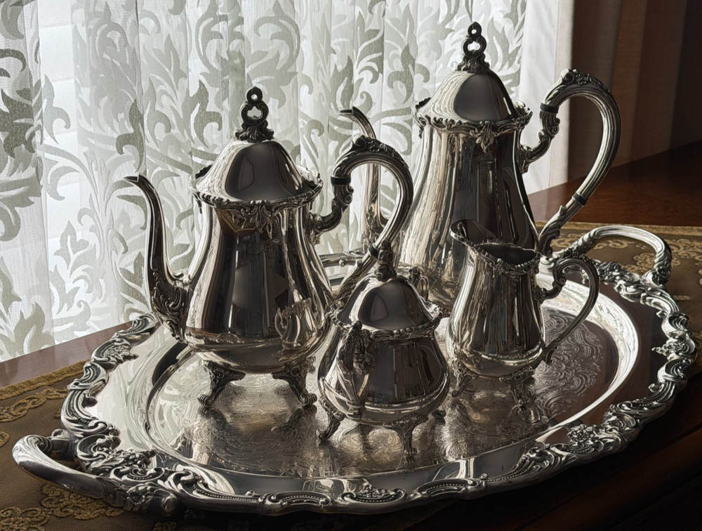 REED & BARTON-El GRECO-Silverplate-Complete 5 piece set including tray-authentic