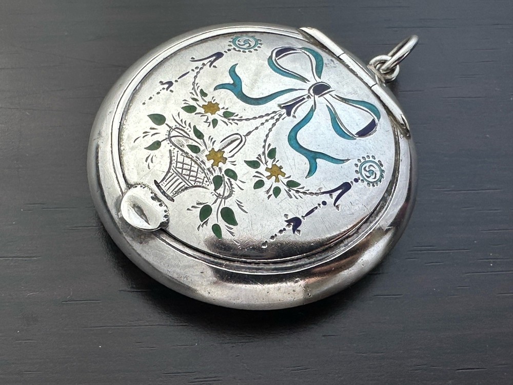Antique Solid Silver Enamel Rouge Box Pendant c.1920