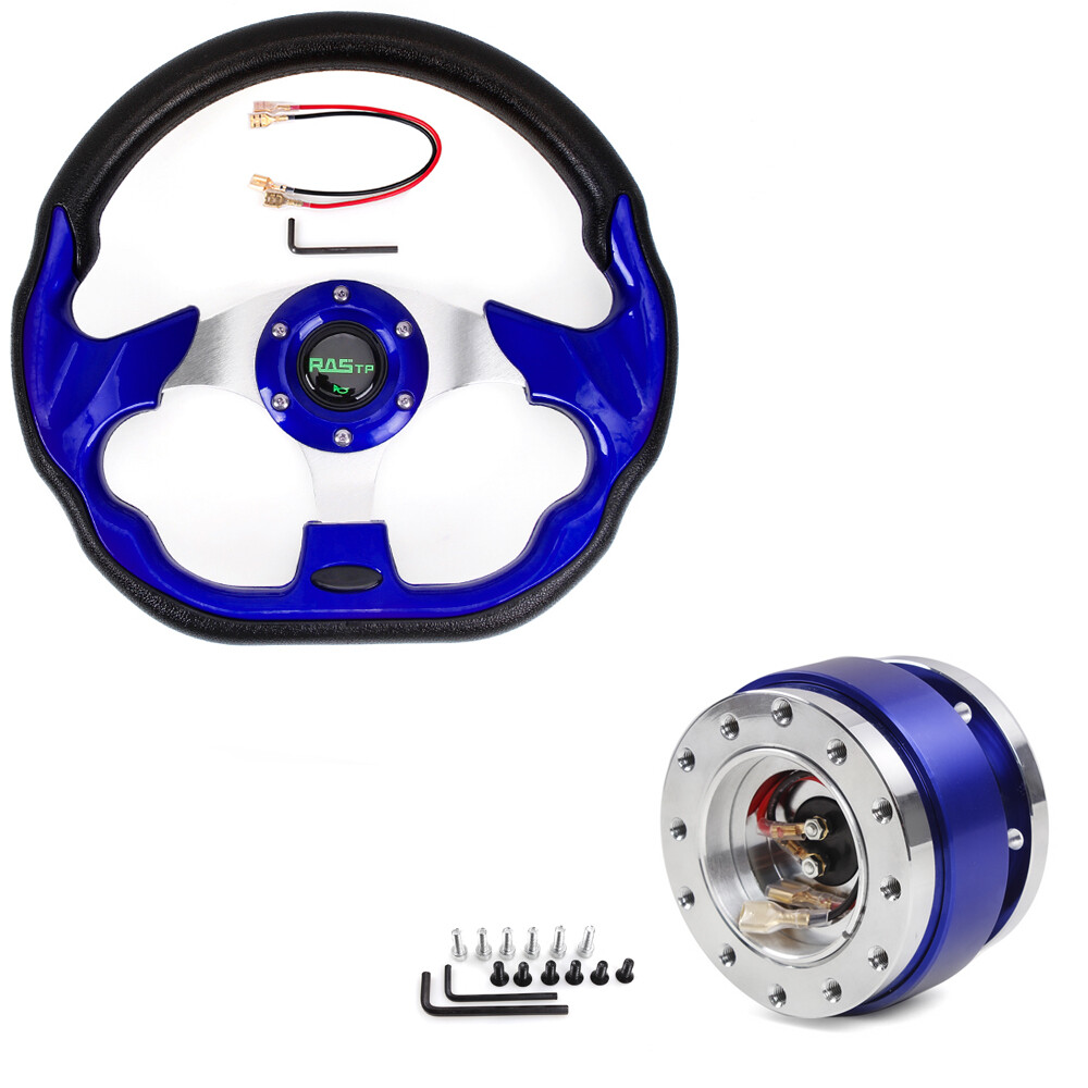 12.5" Universal Blue D Shape Racing Steering Wheel w/ Quick Release Adapter Kit