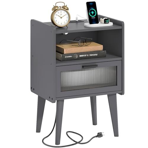 Nightstand with Charging Station, Bedside Tables Grey End Table Side Table