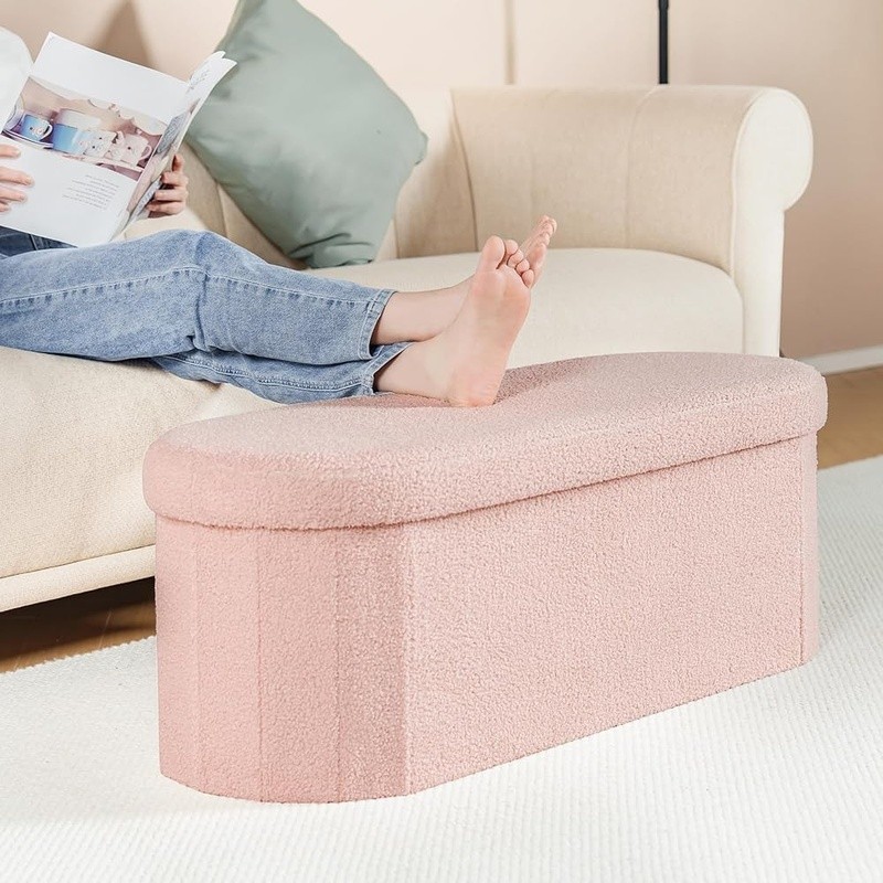 Folding Storage Ottoman Soft Boucle Bench Comfortable Multiuse 600lbs Capacity