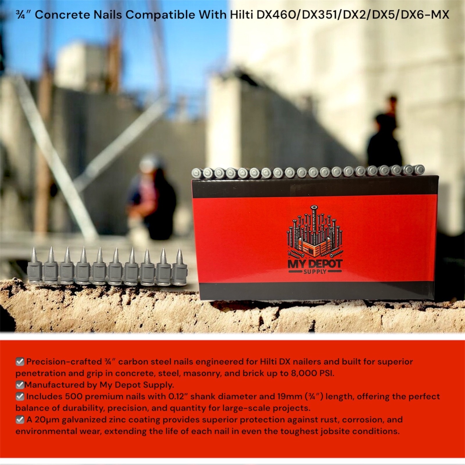 ¾″ Concrete Nails For Hilti DX460/DX351/DX2/DX5/DX6—19mm X-U MX UNIVERSAL Nails