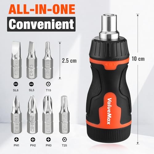 8-in-1 Stubby Ratcheting Screwdriver, Multi-bit Screwdriver, Quick-load