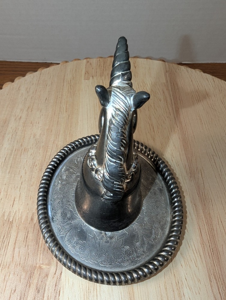 UNICORN RING HOLDER Vtg Hong Kong Silverplate Unicorn Trinket Dish Very Detailed