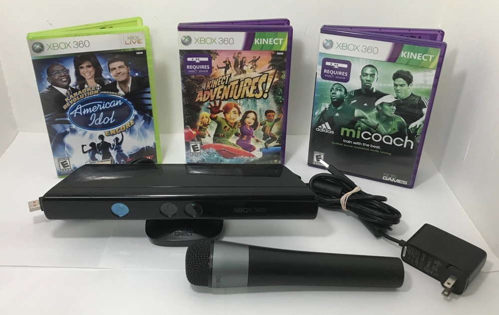 Microsoft Xbox 360 Kinect Sensor Bar Model 1414 , Wireless Microphone & 3 Games
