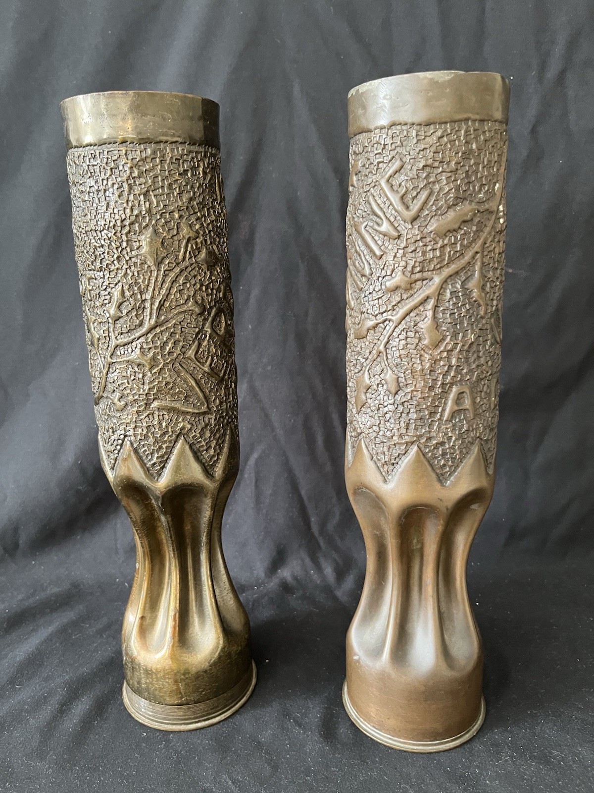 Pair Highly Decorated Dated 1918 WW1 Trench Art Brass 75MM