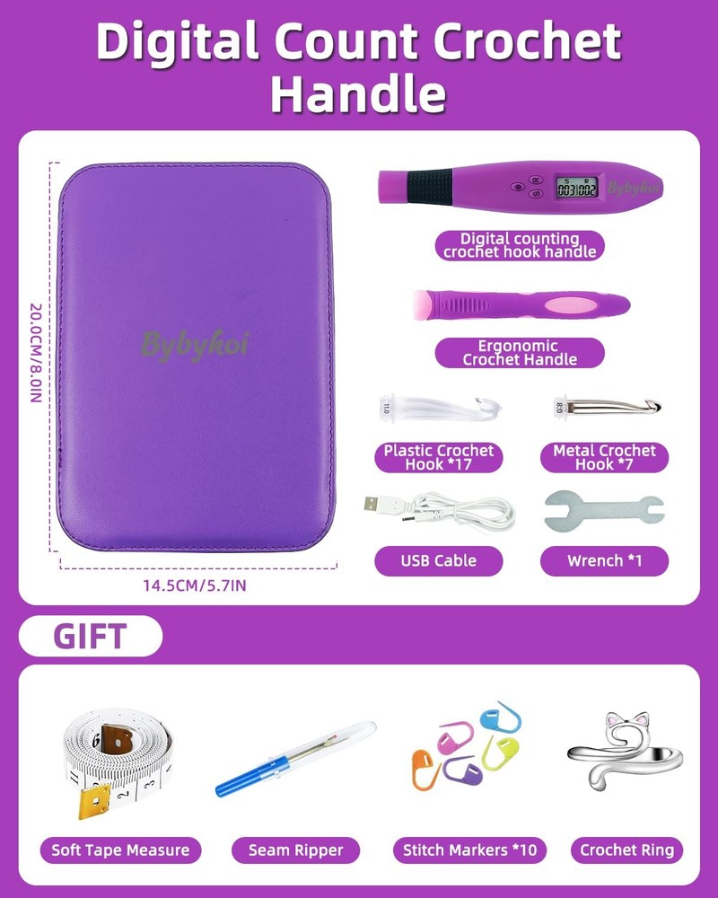 Light Up Crochet Hooks Set with 24 Interchangeable Tools & Digital Counter