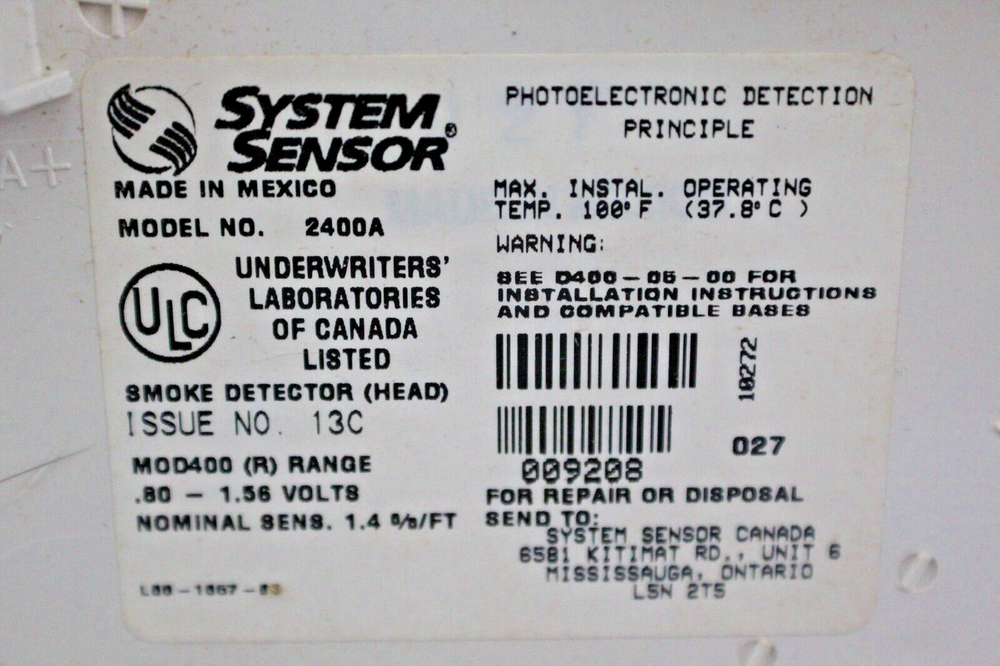 SYSTEM SENSOR 2400A DIRECT WIRE PHOTOELECTRIC SMOKE DETECTOR