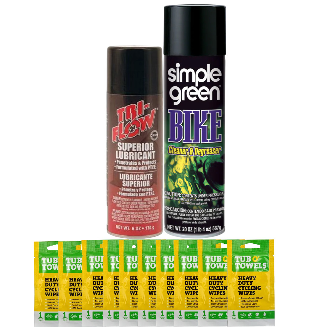 Bike Maintenance Cleaning Kit Simple Green Cleaner, PTFE Lube + 10 Cycling Wipes