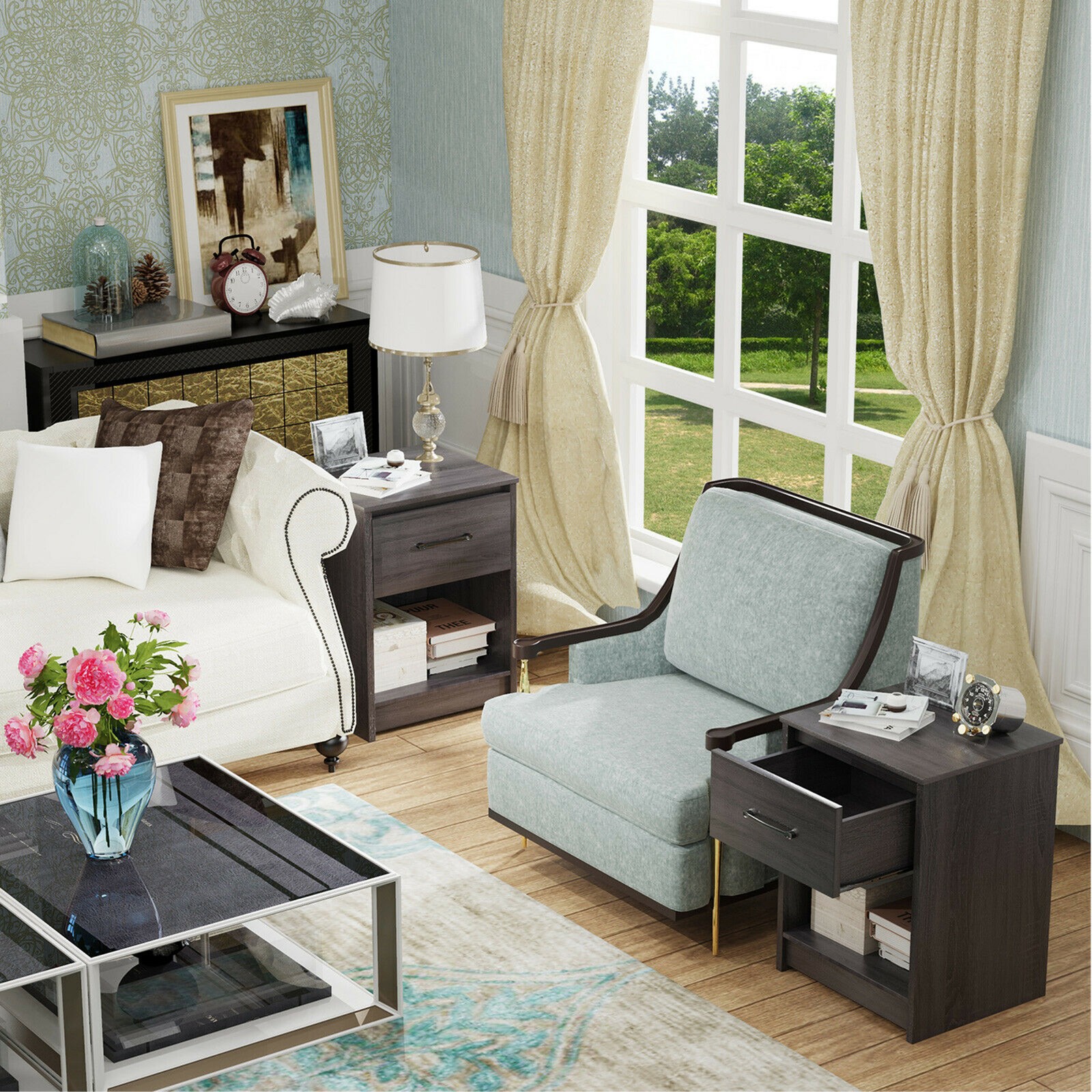 Nightstand with Drawer Storage Shelf Wooden End Side Table Bedroom Black