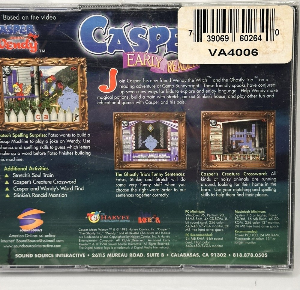 VINTAGE CASPER THE FRIENDLY GHOST & WENDY WITCH EARLY READER CD ROM 1998 PC MAC