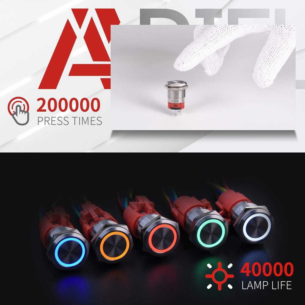 LED-Powered 19mm Latching Push Button Switch - SPDT, Waterproof, 6 Pack