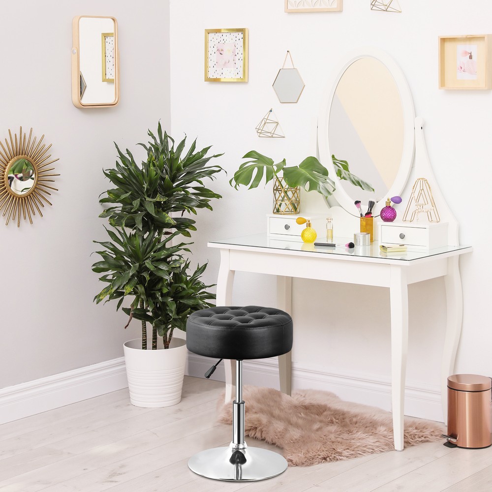 2PCS Adjustable Vanity Stool PU Leather Ottoman Stool for Bedroom w/Base Black