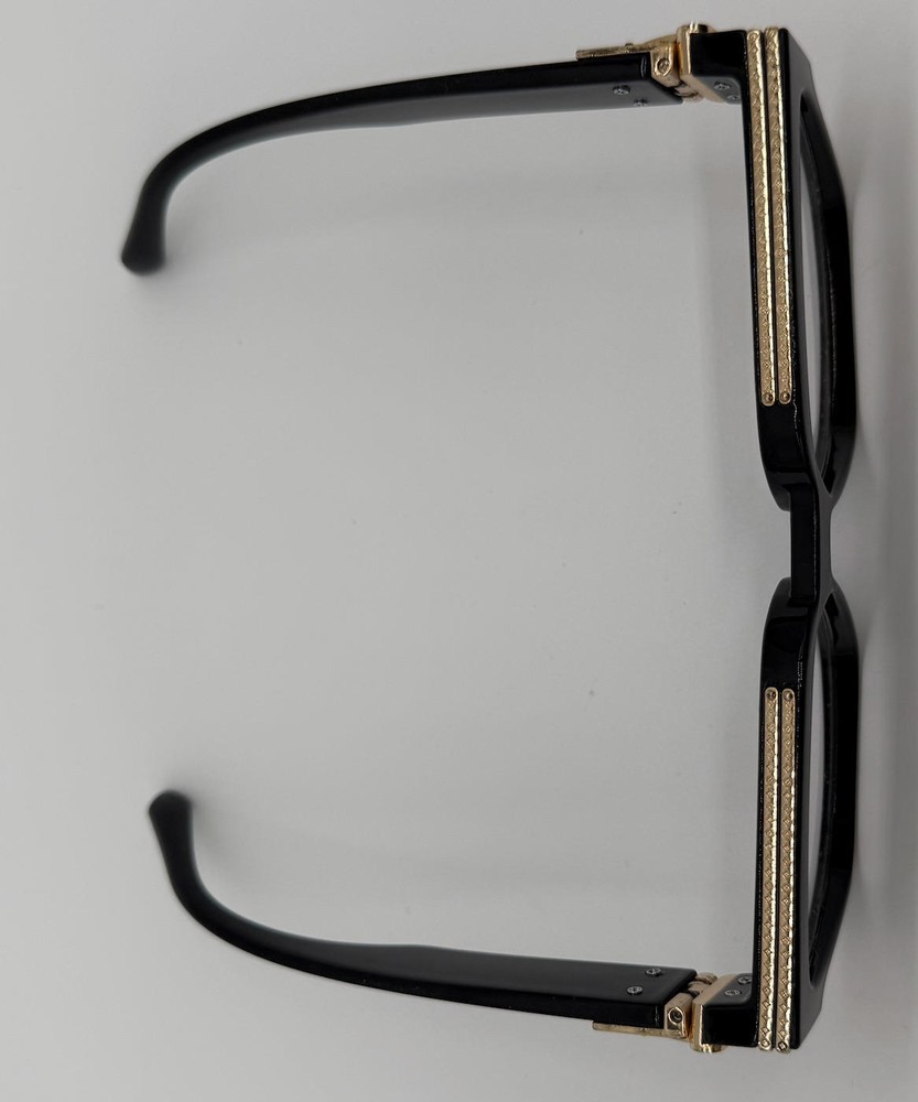 Black Designer-Inspired E Eyeglasses w/ Gold Detailing