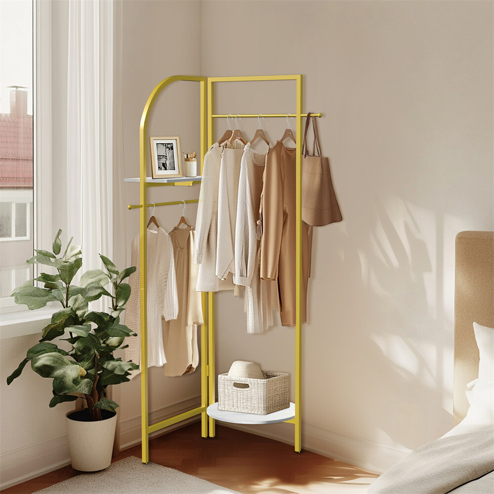 Corner Gold Metal Clothing Rack Freestanding Clothes Coat Rack 90-180° Unfolding