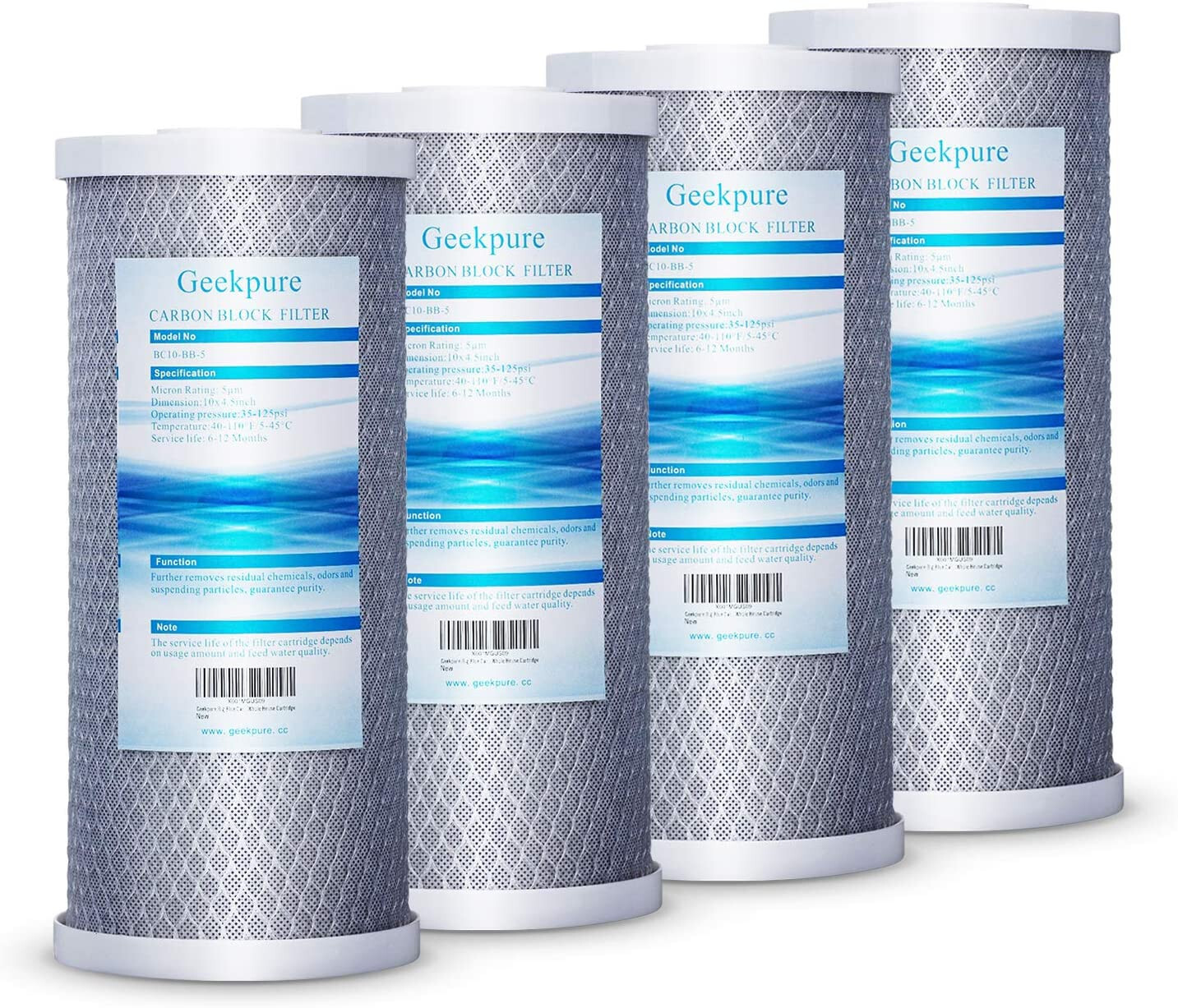 Geekpure 4 Pack Carbon Block Replacement Water Filter 4.5" x 10" - 5 Mic