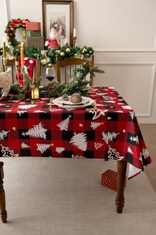 Waterproof Checkered Tablecloth Fabric - 84" x 58" (Rectangular) White Tree Red