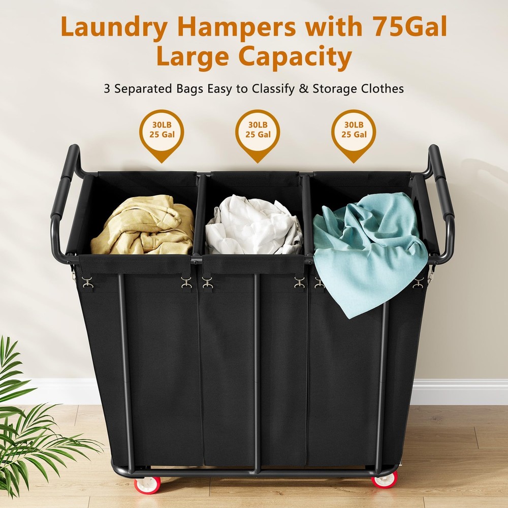 Large laundry hamper with Wheels, 360L 3 Bag Big Rolling Laundry Hamper Sorte...