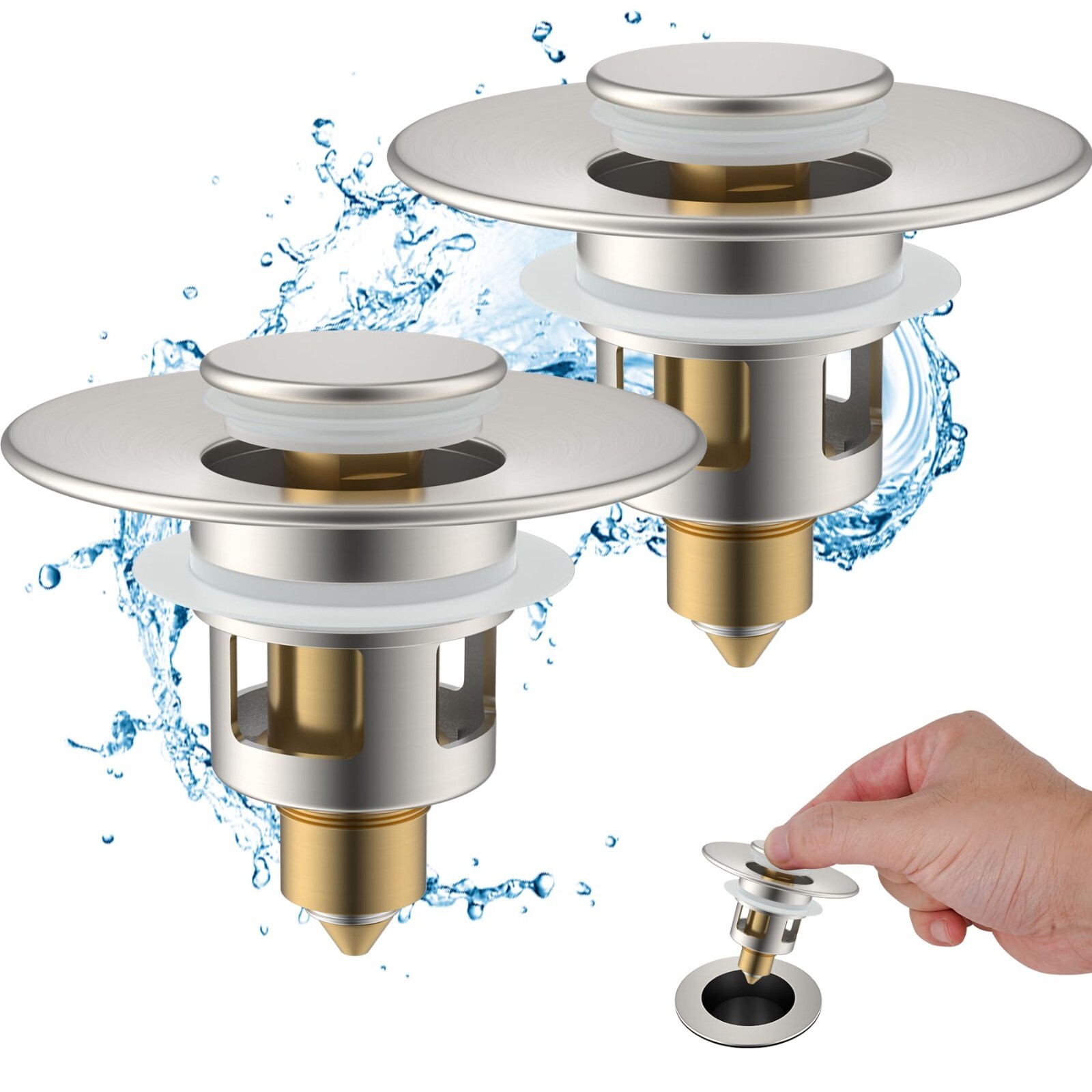 2 Pack All Metal Universal Bathroom Sink Stopper, Pop Up Sink Drain Strainer