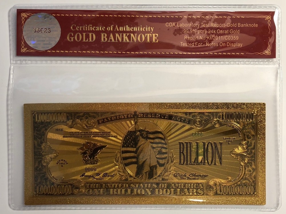 $1 Billion Dollar Bill... 24K Gold 3D Overlay...Banknote..With COA