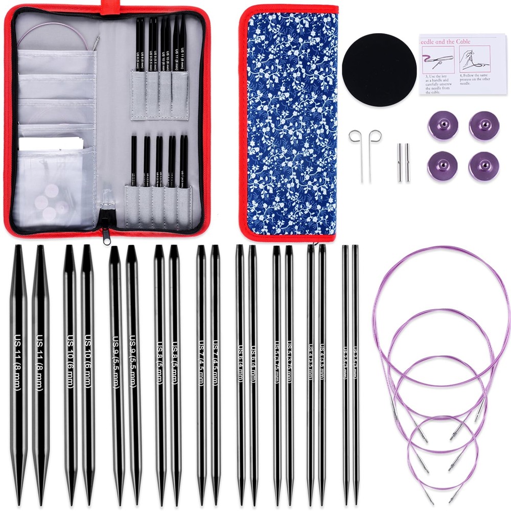 Interchangeable Circular Knitting Needle Set Aluminum US 2.5-11 with Case 9 Pair