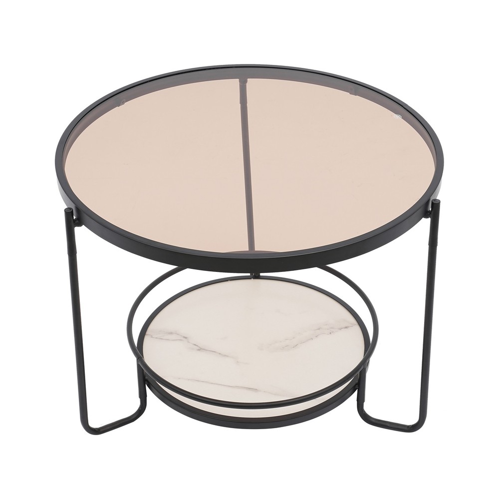 2-tier Modern Side Table Tempered Glass Side Table Round Coffee Table 60cm dia.