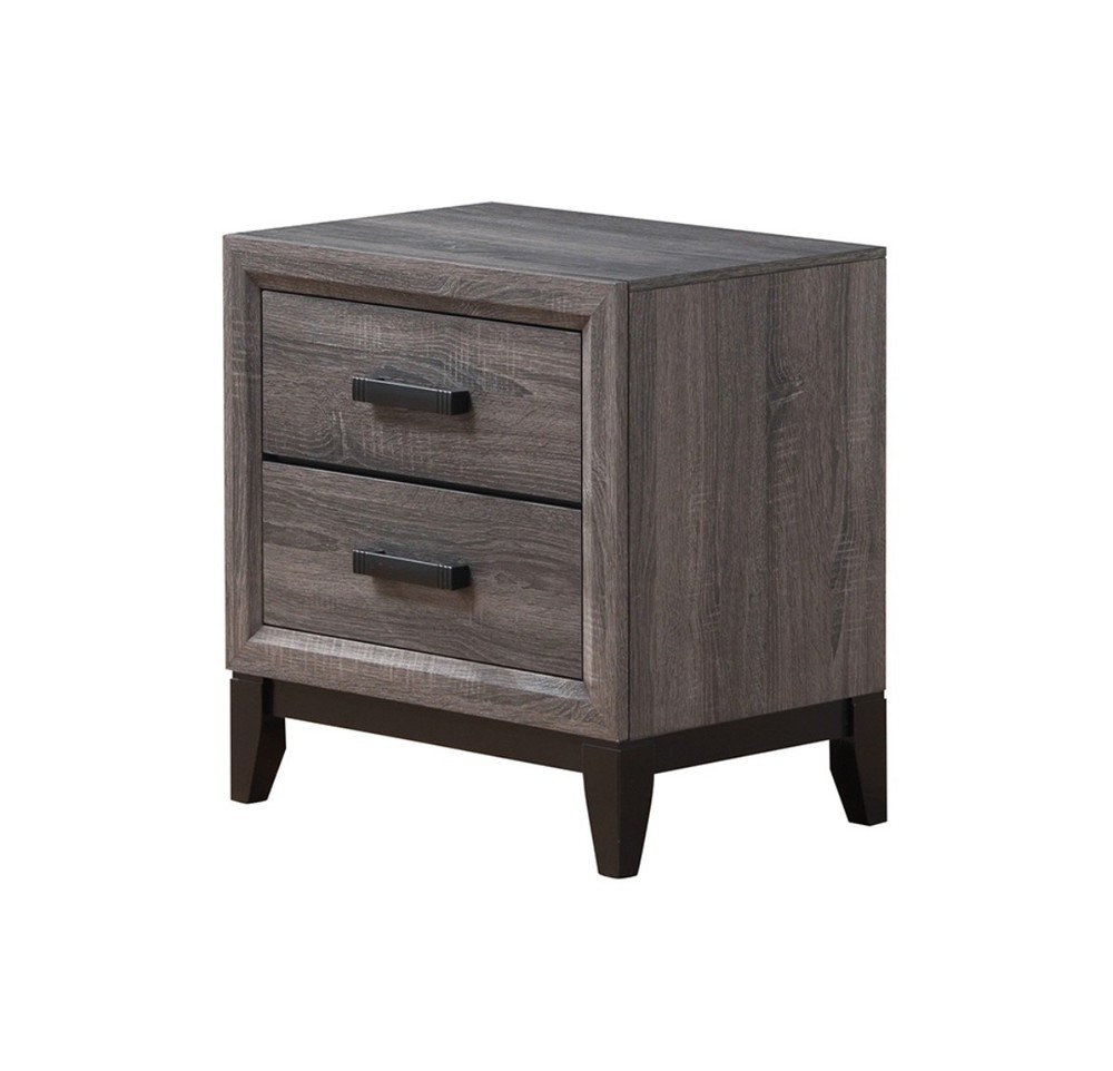 Grey Transitional Nightstand, 2 Drawers, Black Hardware, Solid Wood + MDF