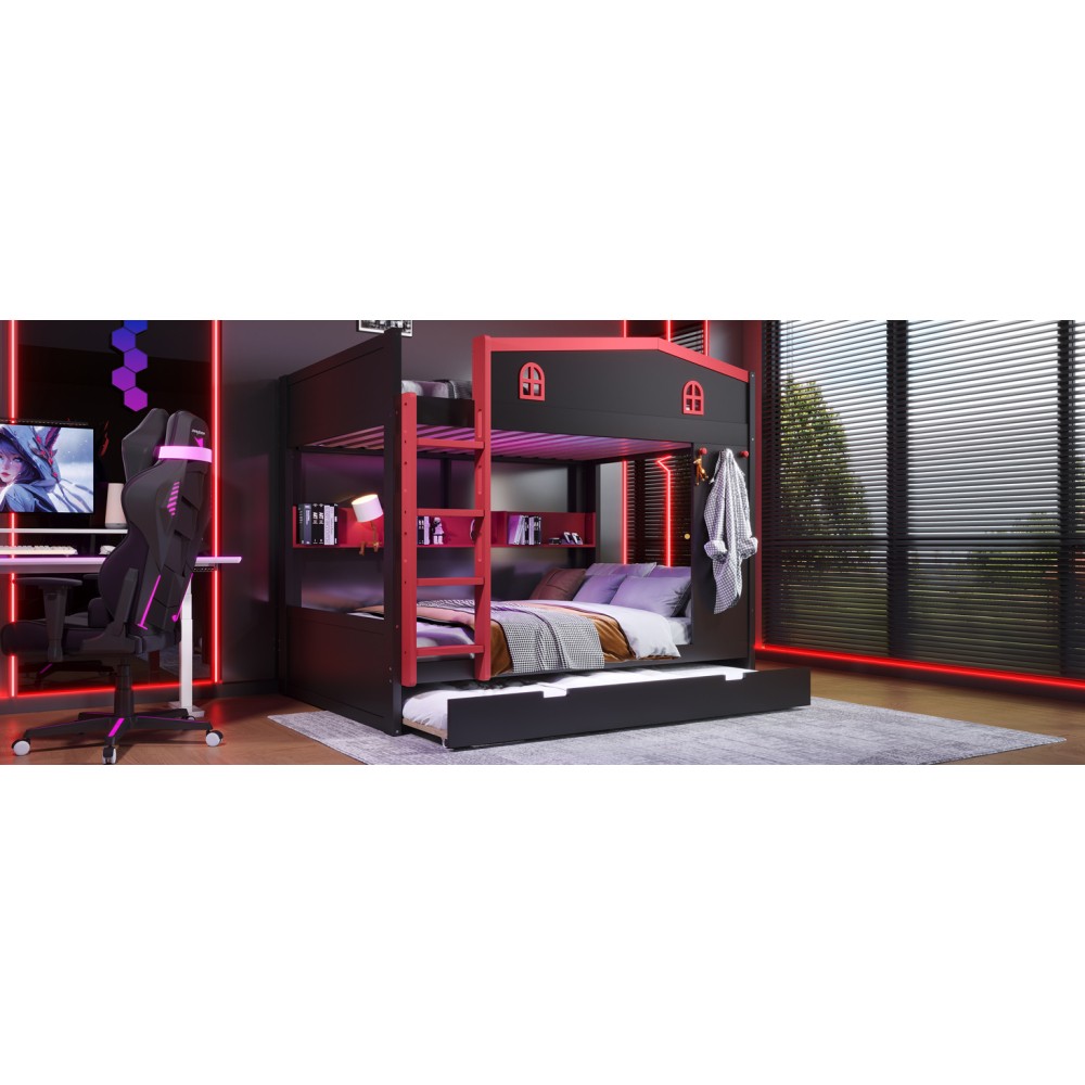 Queen Over Queen Bunk Bed w/ Trundle & Storage, Solid Wood Frame, Black/Red