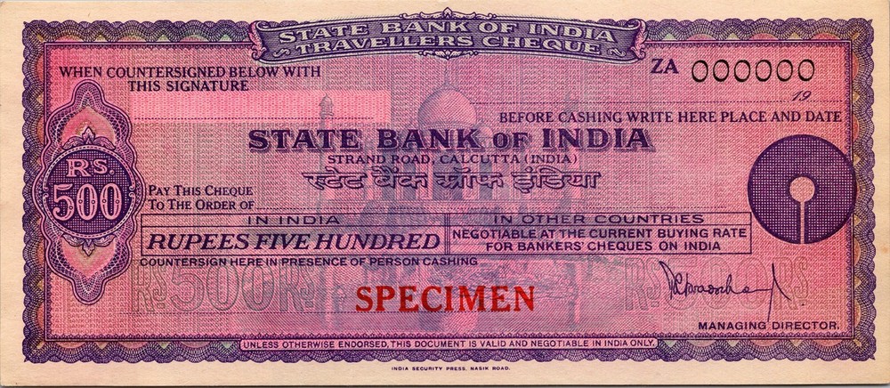 India SPECIMEN, Traveller Cheque, 500 Rupees, UNC