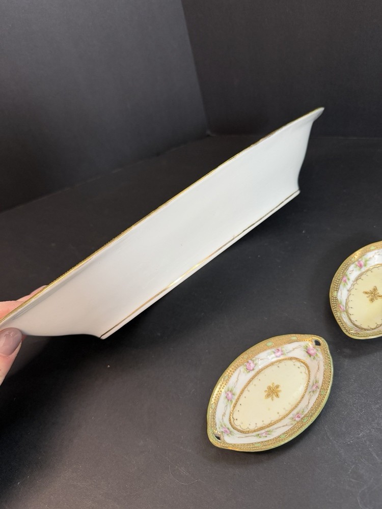 Antique Hand Painted Nippon Celery dish, open Salt Cellars Morimura