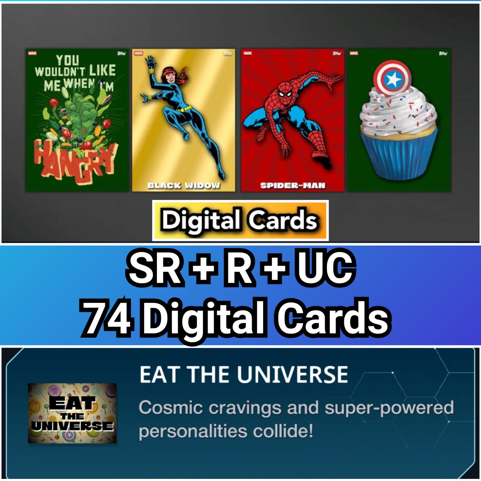 Topps Marvel Collect Eat The Universe SR+R+UC 74 Cards
