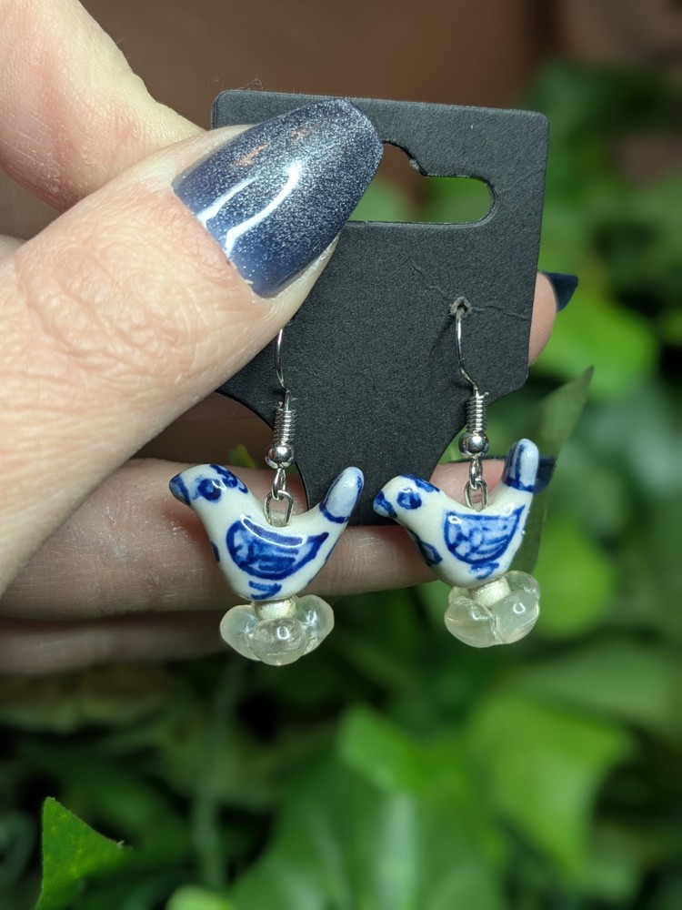 Blue Porcelain Bird Dangle Earrings