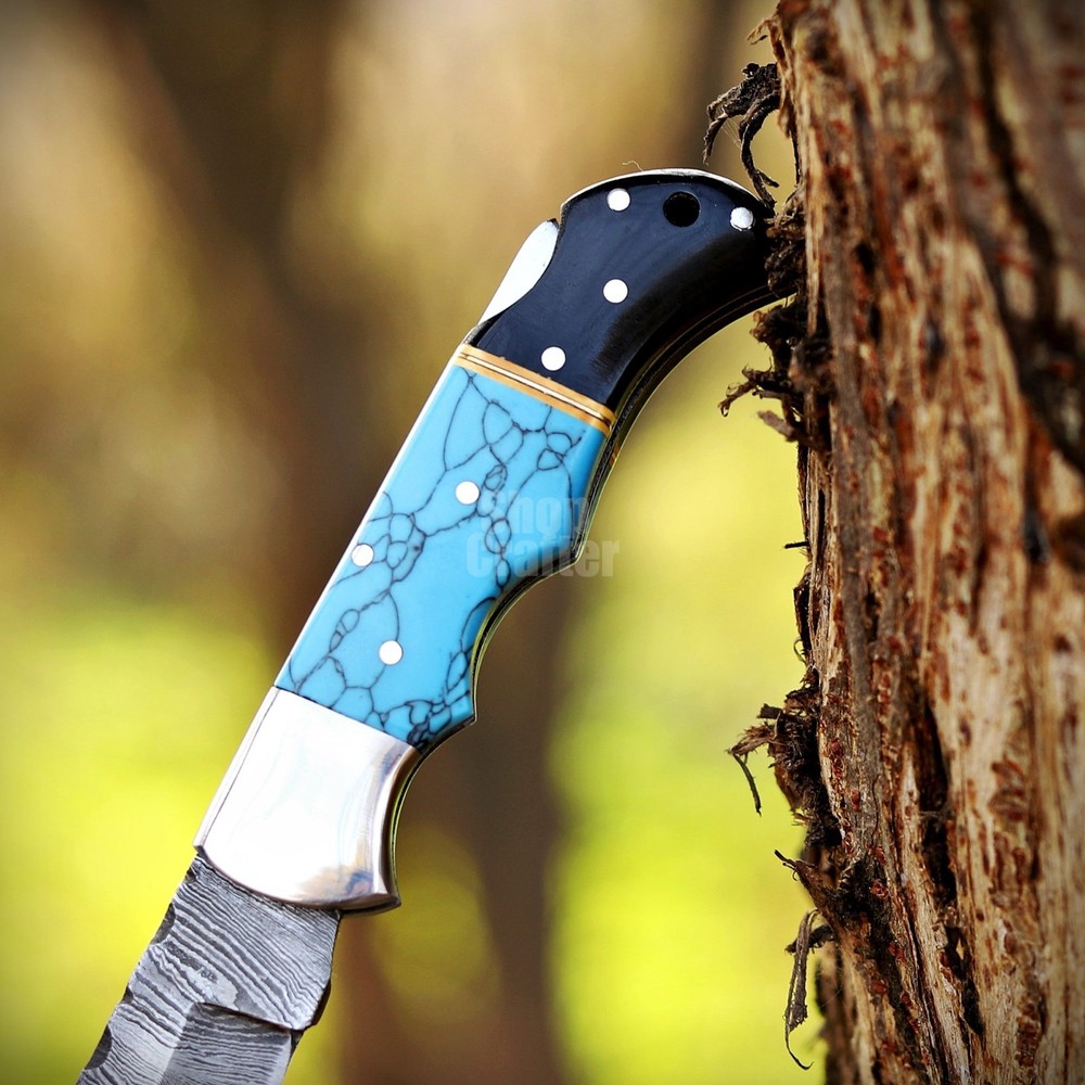 Handmade Damascus Folding Knife, Turquoise Stone Handle Leather Sheath Sharpner.