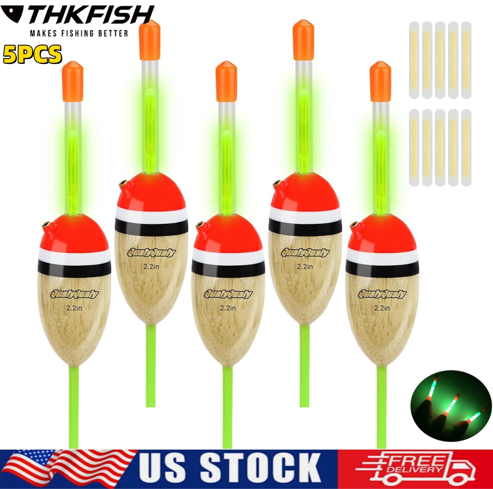 5PCS Lighted Fishing Slip Bobbers Wood Fishing Floats and Bobbers for Crappie