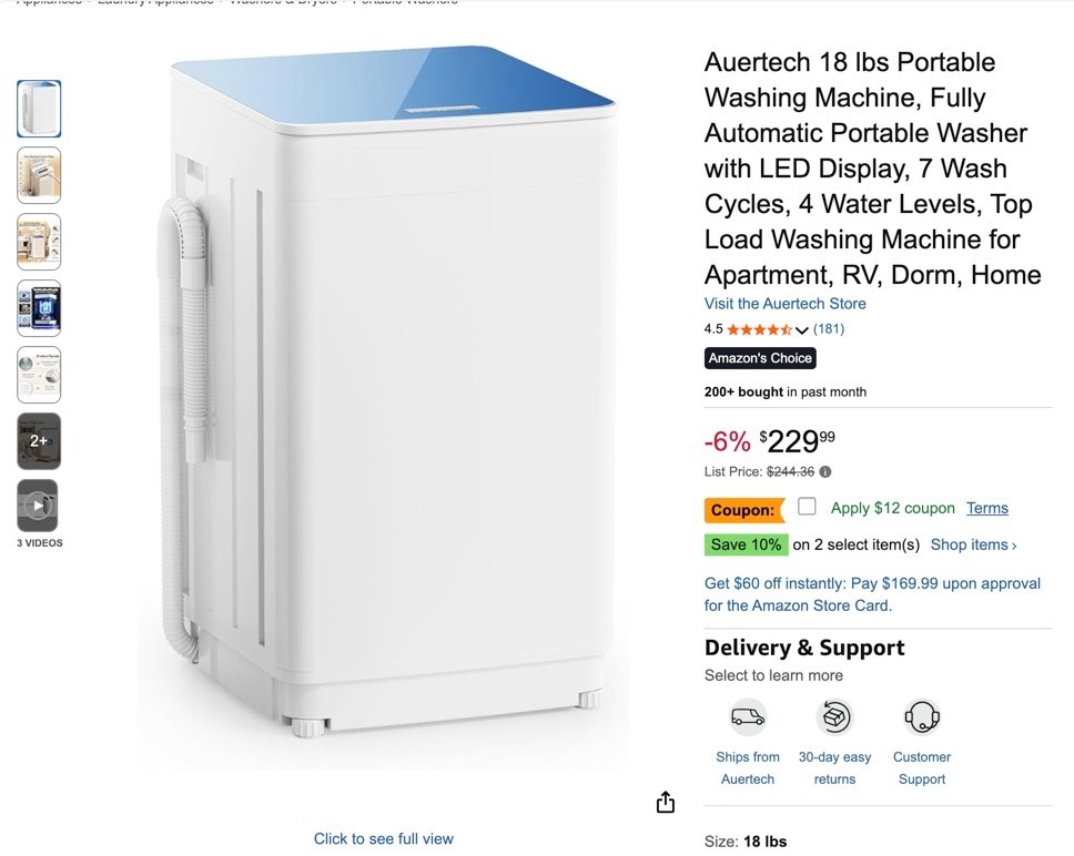Auertech 18 lbs Portable Washing Machine, Fully Automatic Portable Washer