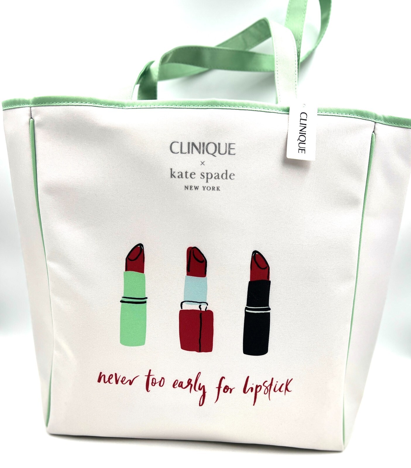 Clinique x Kate Spade Shopping Shoulder Tote Bag ~ Green Strip ~ Lipstick Print