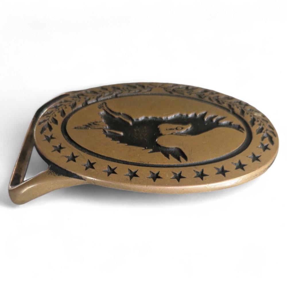 Vintage Tech-Ether Guild Buckle Bald Eagle Embossed Solid Brass Oval Belt Buckle