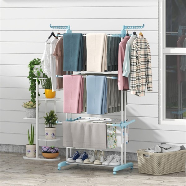 Blue 4-Tier Foldable Clothes Drying Rack with Wheels,