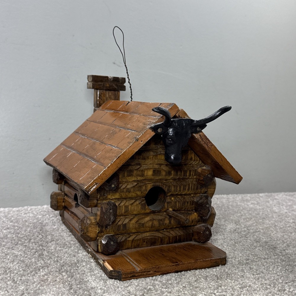 Rustic Log Cabin Bird House with Cattle Head